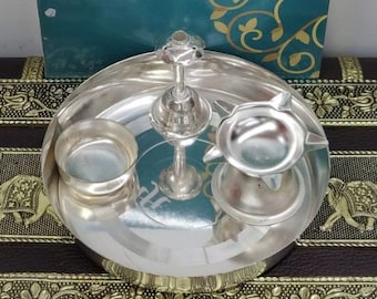 Designer German Silver Round Pooja Thali Set Return gifts Diwali Pooja Plate Set Return Gift Indian Temple Decor Antique Silver Thali Sets
