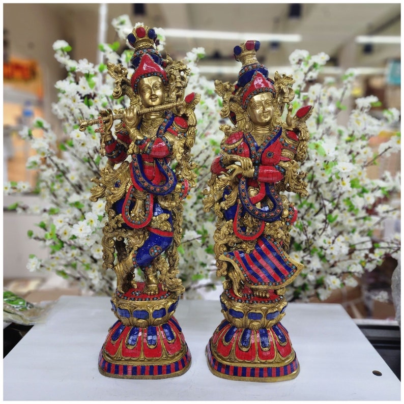 Large Radha Krishna Statue Brass With Stonework Radha Krishna Etsy