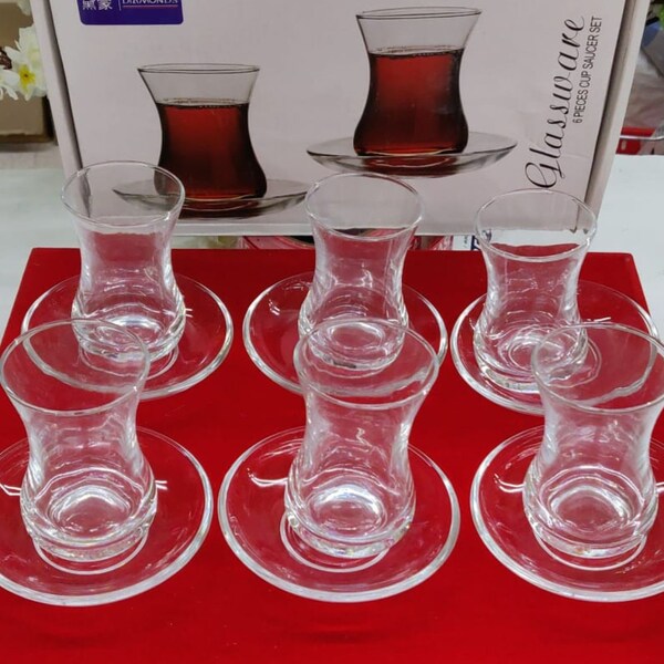 Turkish Tea Cup Sets Tea Glasses with Saucers Turkish Tea Glass Set Extra Big Tea Cup Perfect Gift for Her Set of 6 Pcs