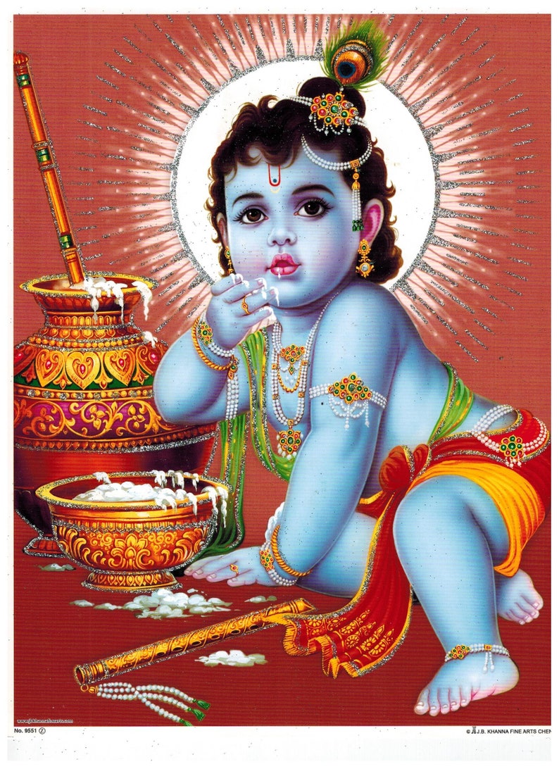 Baby Krishna Poster With Glitter Lord Krishna Poster Hindu Etsy