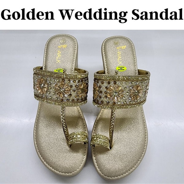 Golden Bridal Sandals Bridal High Heels Women's Wedges Heels Indian Wedding Heels Sandals for Bride Handmade Snadal for Women Bridal Shoes