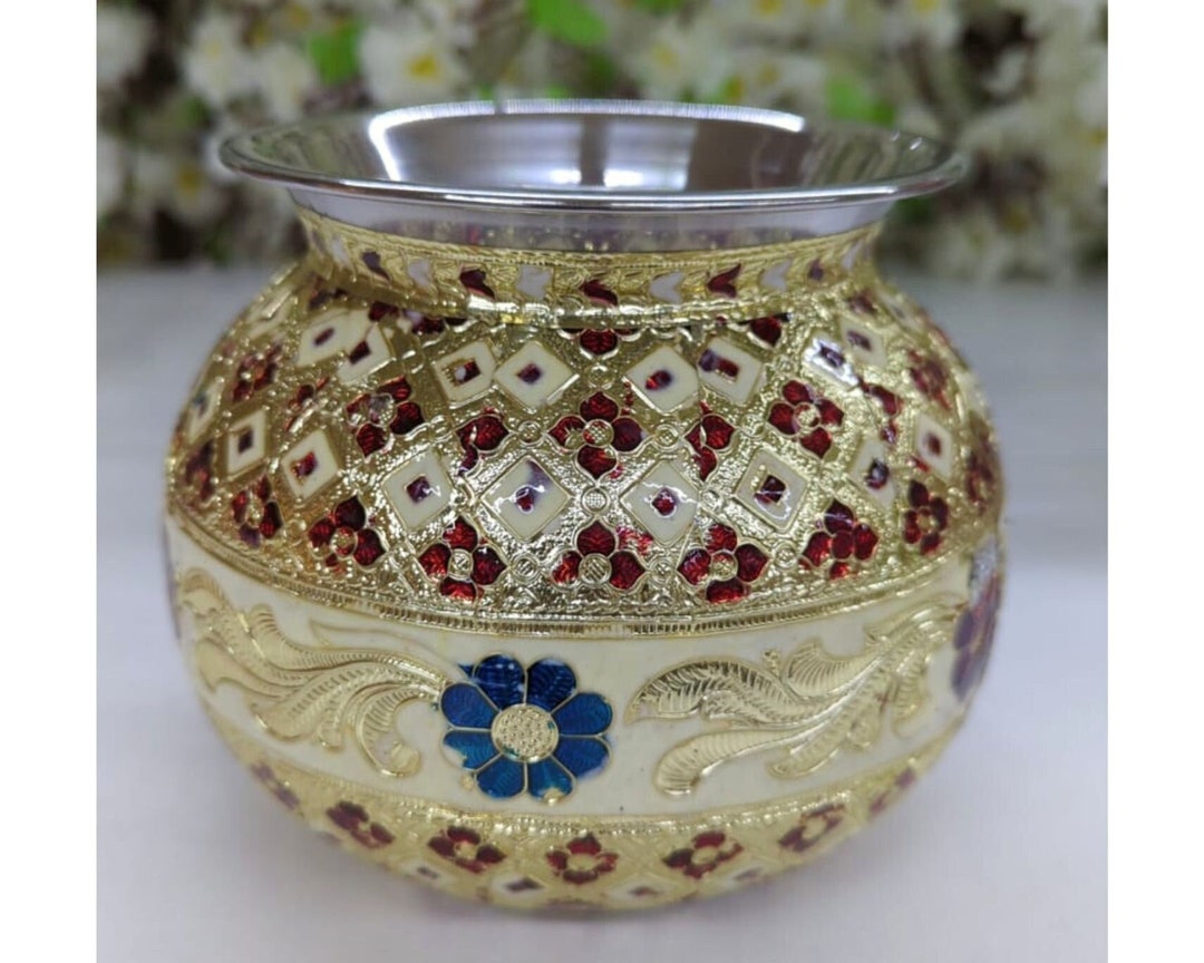 Decorative Matki Stainless Steel Pot Small Handi Oxidized Meenakari