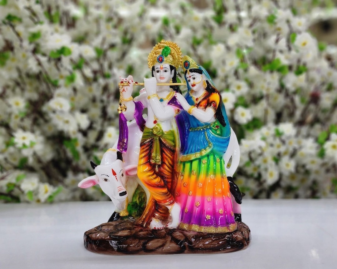 Radha Krishna With Cow Radha Krishna Statue Hindu Divine - Etsy