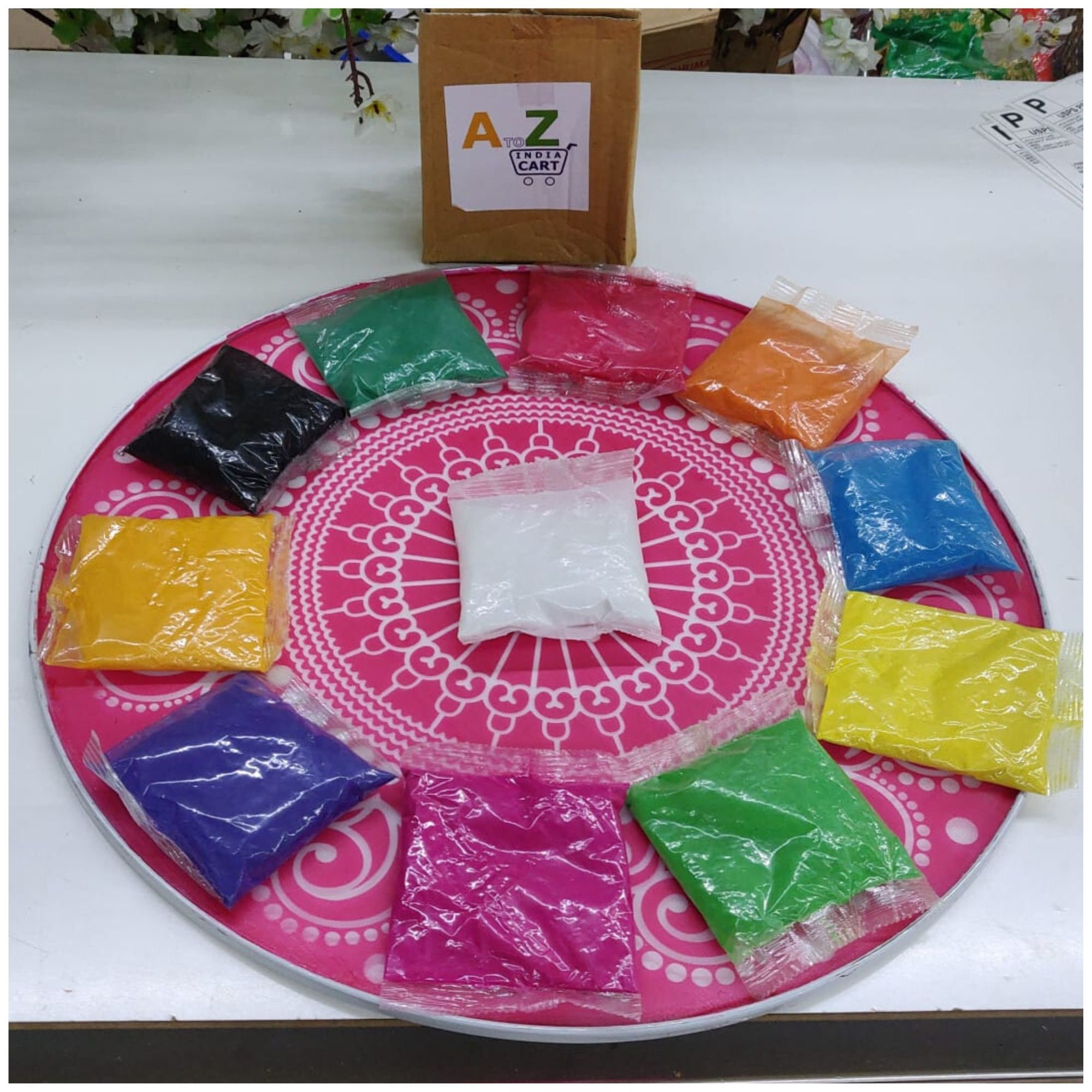 6 Pkts Rangoli Colors - Design Creativity Diwali Floor Design, Festival Colors(Set of 6 Colors 50 GM Each Packs and White Color 100 GM Pack)