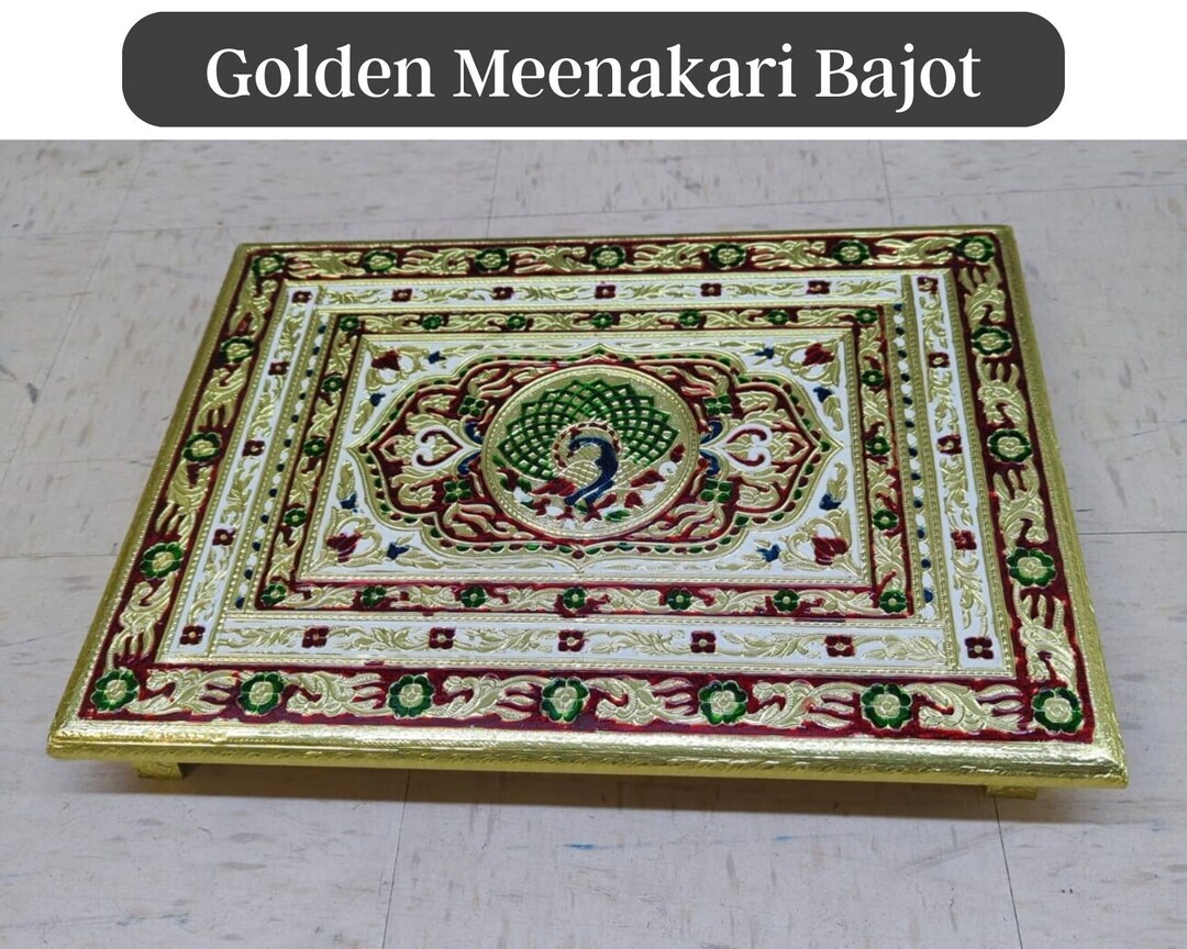 Indian Wooden Chowki for Pooja Puja Table Handmade Oxidize Meenakari
