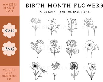 Mes de nacimiento Flor Svg Paquete, Flor silvestre Svg, Clipart de flores, Svg botánico, Flor de cumpleaños Png, Flor de nacimiento Png, Glowforge Svg