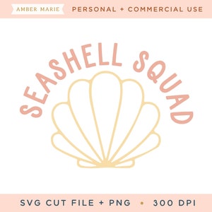 Puede incluir: Texto Seashell Squad en rosa con un gráfico de concha amarilla.