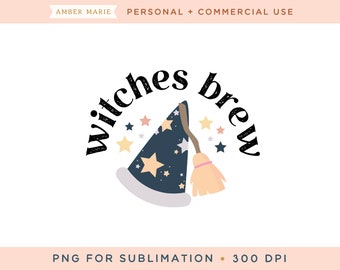 Witches Brew Png para sublimación, halloween png, sombrero de bruja y escoba png, café de halloween png, boho halloween png, retro halloween png