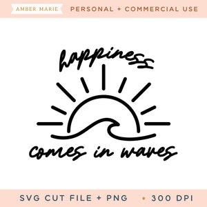 La felicidad viene en olas Svg archivo de corte, cita de verano svg, cita de playa svg, camisa para niños svg, svg motivacional, camisa playera svg, Vibraciones de vacaciones svg