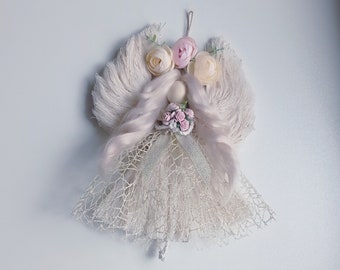 Macrame Angel Wall Hanging | Cream Cotton, Gold Lace, Flowers, Wooden Hoop