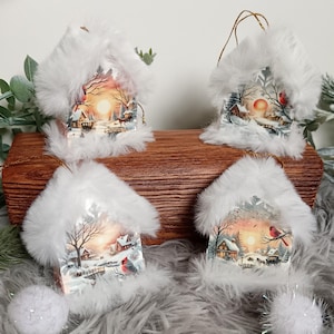 Set of 4 tiny wooden house/ tree decoration / natural decoration/ Christmas baubles-houses