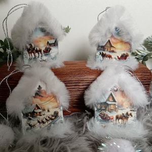 Set of 4 tiny wooden house/ tree decoration / natural decoration/ Christmas baubles-houses