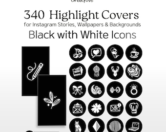 Puede incluir: Una colección digital de 340 portadas destacadas para historias de Instagram, fondos de pantalla y fondos. El conjunto presenta diseños negros rectangulares y circulares con iconos de arte lineal blanco como cerezas y flores.
