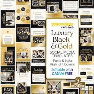 Gold & Black Luxury Branding Business Instagram Posts Canva Templates. 45+ Modern Premium Instagram Social Media Marketing, Highlight Icons