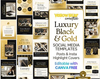 Gold & Black Luxury Branding Business Instagram Posts Canva Templates. 45+ Modern Premium Instagram Social Media Marketing, Highlight Icons