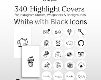 Puede incluir: Una colección de 340 portadas destacadas blancas para historias de Instagram, fondos de pantalla y fondos con iconos negros. El texto dice Yellow Star creative, 340 Highlight Covers for Instagram Stories, Wallpapers & Backgrounds, White with Black Icons, Family, Music, Books, Q&A e Instant Download.
