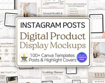 Digital Products Instagram Post Canva Mockup Templates, 100+ Neutral Aesthetic Canva Designs PDF Downloads & Printables, IG Highlight Cover