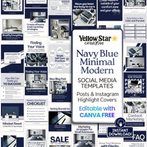 May include: A collection of navy blue and white social media templates featuring the text Yellow Star creative Navy Blue Minimal Modern SOCIAL MEDIA TEMPLATES Posts & Instagram Highlight Covers Editable with CANVA FREE and INSTANT DOWNLOAD.
