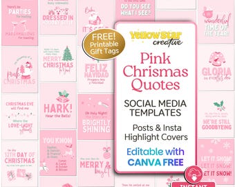 Frases navideñas en rosa para Instagram. 22 plantillas de Canva para redes sociales con estética navideña en rosa pastel, íconos festivos y etiquetas de regalo gratis.