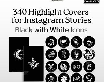 Black Instagram Highlight Covers, 340 Hand Drawn Black and White Icons for Stories, IG Word Highlights, Phone Wallpapers, Social Media Icons