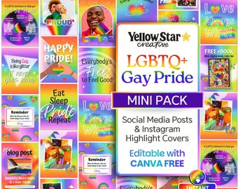 LGBTQ Gay Pride Month Instagram Canva Templates. Mini Pack 15 Social Media Posts Designs & IG Highlight Covers. LGBTQIA+ Rainbow Gradient