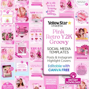 Hot Pink Retro Y2K Aesthetic Instagram Templates | Canva Social Media Posts & Highlights for Girlie Pinkcore, Cute Pink Stylish Feed