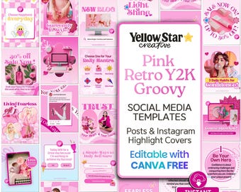 Hot Pink Retro Y2K Aesthetic Instagram Templates | Canva Social Media Posts & Highlights for Girlie Pinkcore, Cute Pink Stylish Feed