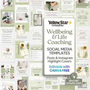 Sage Green Mental Well-Being & Best Life Coaching Instagram Post Templates Designed With Canva. 50+ Health and Wellness Social Media Posts