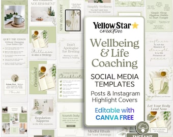 Sage Green Mental Well-Being & Best Life Coaching Instagram Post Templates Designed With Canva. 50+ Health and Wellness Social Media Posts