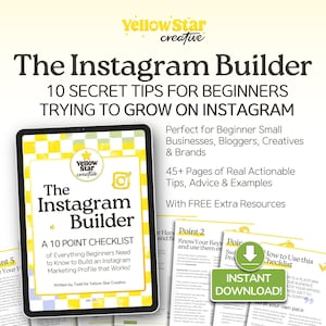 Puede incluir: Una cubierta a cuadros amarillos y blancos con el texto "The Instagram Builder" y "A 10 Point Checklist of Everything Beginners Need to Know to Build an Instagram Marketing Profile that Works!"  Escrito por Todd para Yellow Star Creative.  La cubierta también presenta una estrella amarilla con un contorno blanco y el texto "Yellow Star Creative".