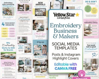 Embroidery Business Social Media Post Designs. Instagram Feed Canva Templates For Creative & Machine Embroidery and IG Highlight Cover Icons
