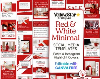 Red & White Minimalist Social Media Templates. 60+ Modern Aesthetic Canva Template Pack For Instagram Marketing, IG Highlight Covers