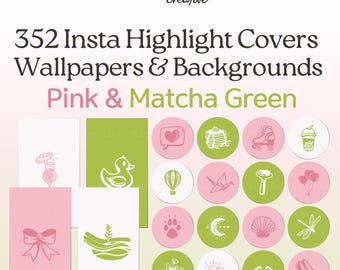 Pink & Green Matcha Cute Instagram Highlight Covers, 352 Pastel Kawaii Cherry Blossom Aesthetic Hand drawn Icons, Backgrounds, Wallpapers