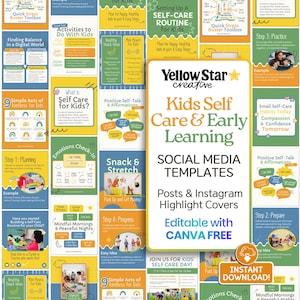 Kids Self Care Social Media Post Designs. 20 Instagram Post Canva Templates Early Childhood Development, Parenting Tips, IG Highlight Covers