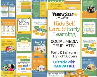 Kids Self Care Social Media Post Designs. 20 Instagram Post Canva Templates Early Childhood Development, Parenting Tips, IG Highlight Covers