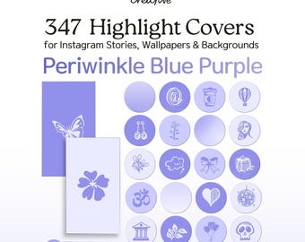 May include: A digital collection of 347 highlight covers for Instagram stories, wallpapers, and backgrounds in periwinkle blue and purple. The set includes rectangular templates with butterfly and flower icons and circular icons featuring various symbols.