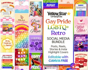 Gay Pride Feier LGBTQ + Retro Regenbogen Canva Vorlagen Bundle | Social Media Posts, Reels, Stories & Highlight Covers für den Pride Month