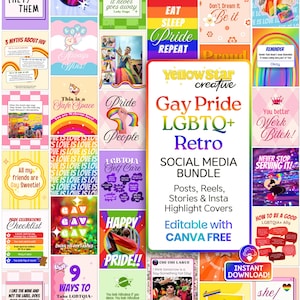 Gay Pride Celebration LGBTQ+ Retro Rainbow Canva Templates Bundle | Social Media Posts, Reels, Stories & Highlight Covers for Pride Month