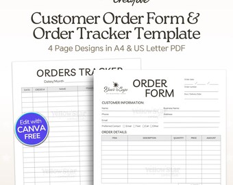 Editable Template Customer Order Form & Order Tracker Canva Templates. Small Business Customer Intake and Order Management Form Set