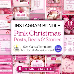 Bundelpakket met roze kerst Instagram-sjablonen. 50+ canvasontwerpen: knalroze, feestdagen social media posts Reels stories, IG highlight iconen