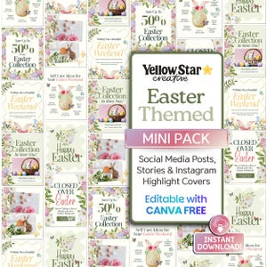 May include: A collection of Easter-themed social media templates. The design features pastel colors, floral accents, and Easter eggs. Text includes "Easter Themed," "Mini Pack," and "Instant Download!" for social media posts and highlight covers.