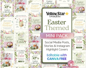 Easter Mini Pack Of Instagram Posts & Story Templates. 14 Floral Spring Aesthetic Canva Designs For Social Media And Highlight Covers For IG