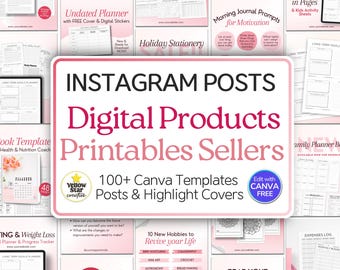 Digital Product Mockups Instagram Posts Canva Templates, 100+ Pink Canva Designs for PDF Downloads, Printables, Planners, Worksheet Sellers