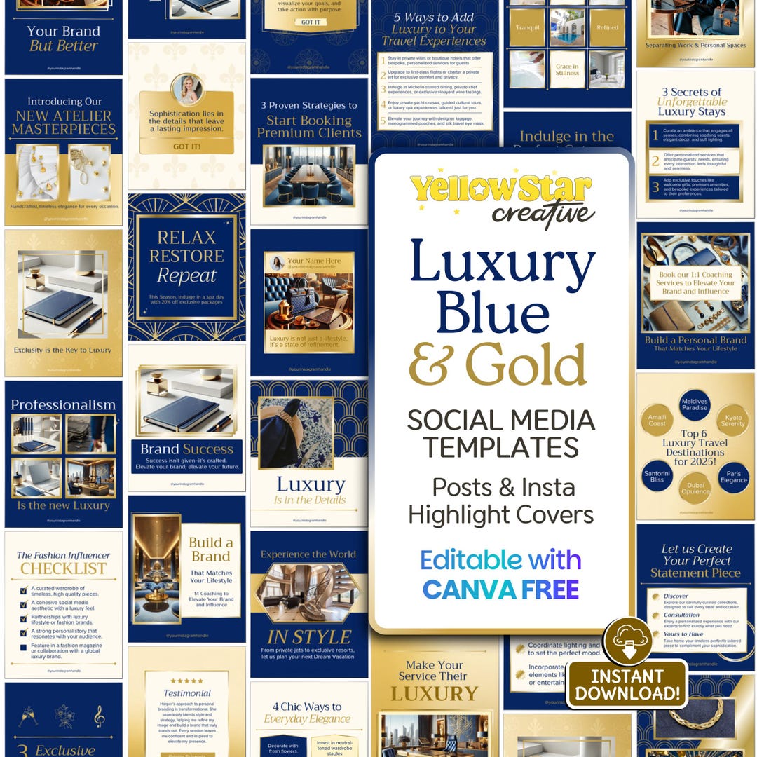 Blue and Gold Instagram Post Canva Templates | Luxury Aesthetic Canva ...