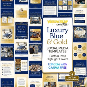 Blue and Gold Instagram Post Canva Templates | Luxury Aesthetic Canva Designs for Fashion, Lifestyle, and Business Marketing & Branding
