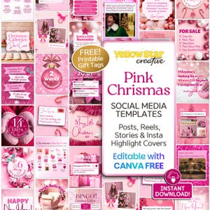 Pink Christmas Posts Holiday Social Media Bundle. 50+ Xmas Instagram Canva Designs Feed Posts, Reels, Stories, Festive Icons, Free Gift Tags