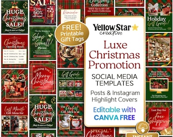 Luxury Christmas Instagram Canva Templates for Promotional Posts. 20 Classic Red & Green Tartan Plaid Holiday Posts and Highlight Covers