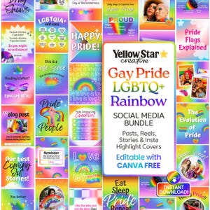 May include: A vibrant collection of social media graphics with Pride, LGBTQ+, and rainbow themes. The graphics feature phrases such as "Happy Pride," "Love Always Wins," and "Gay Pride LGBTQ+ Rainbow." The bundle is editable with Canva.