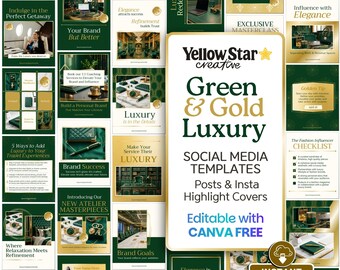 Green and Gold Elegant Instagram Post Templates, Emerald Green Luxury Aesthetic Canva Templates Social Media Kit, Posts & Highlight Covers