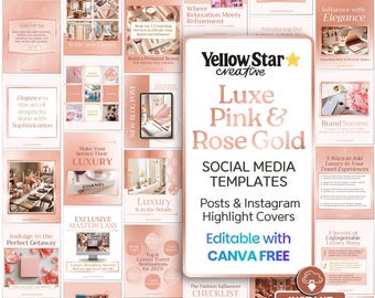 Pink & Rose Gold Luxury Aesthetic Instagram Post Templates, Elegant Canva Templates Social Media Kit, Feed Posts, Instagram Highlight Covers